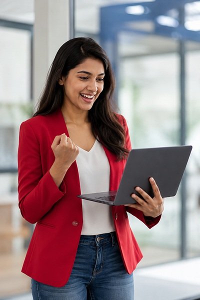 Professional Indian Business Woman Using Laptop for Website Development and Digital Marketing Success
